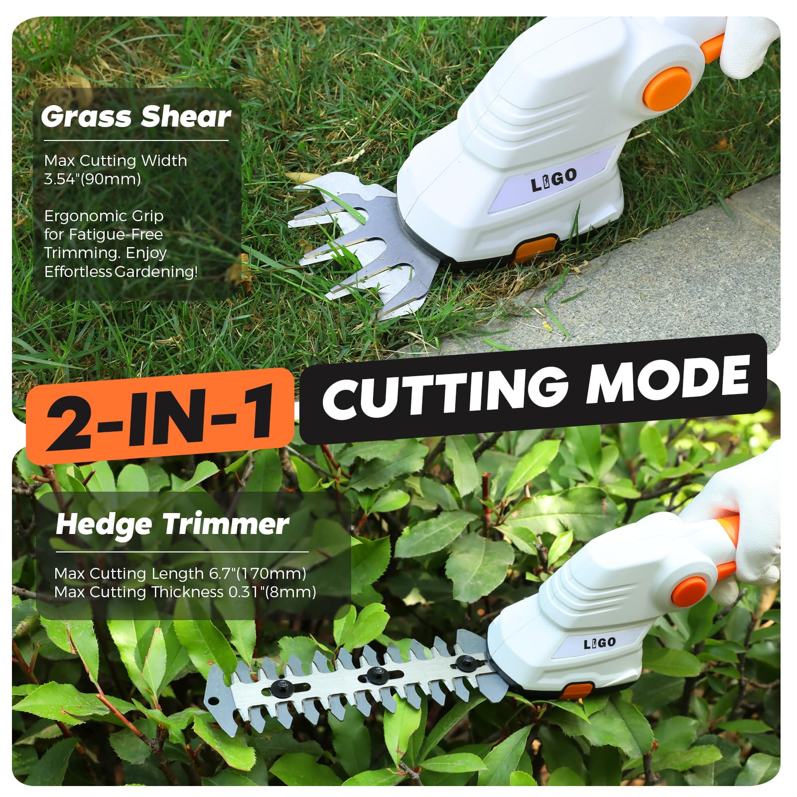 LIGO 2-in-1 cordless garden tool enables easy trimming without cords.