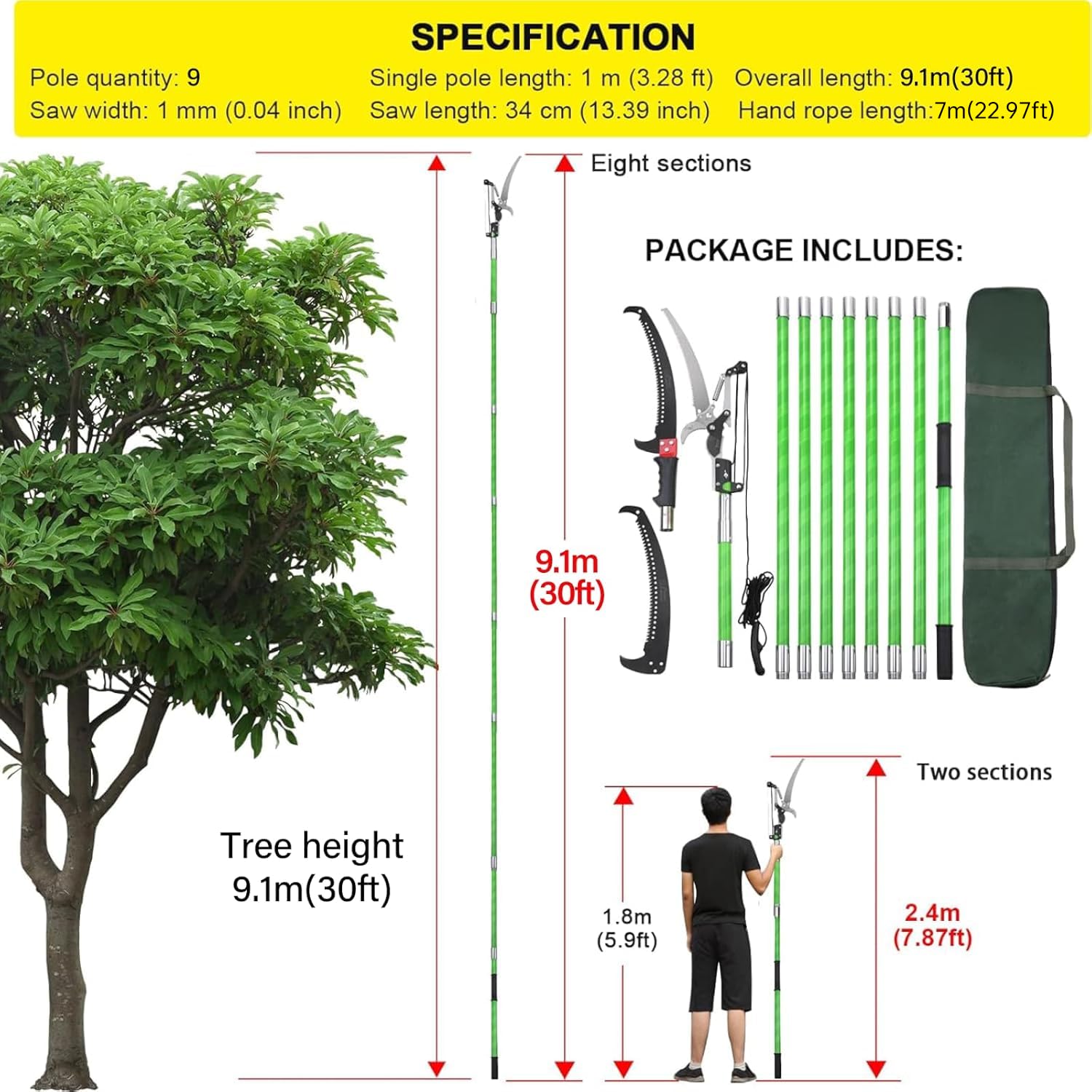 Likeem aluminum telescopic rod extended to reach tall branches safely.
