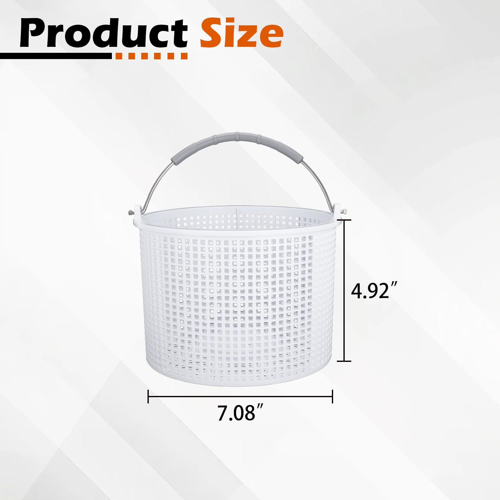 LikeLion pool skimmer basket dimensions show seven-inch top and bottom diameters.