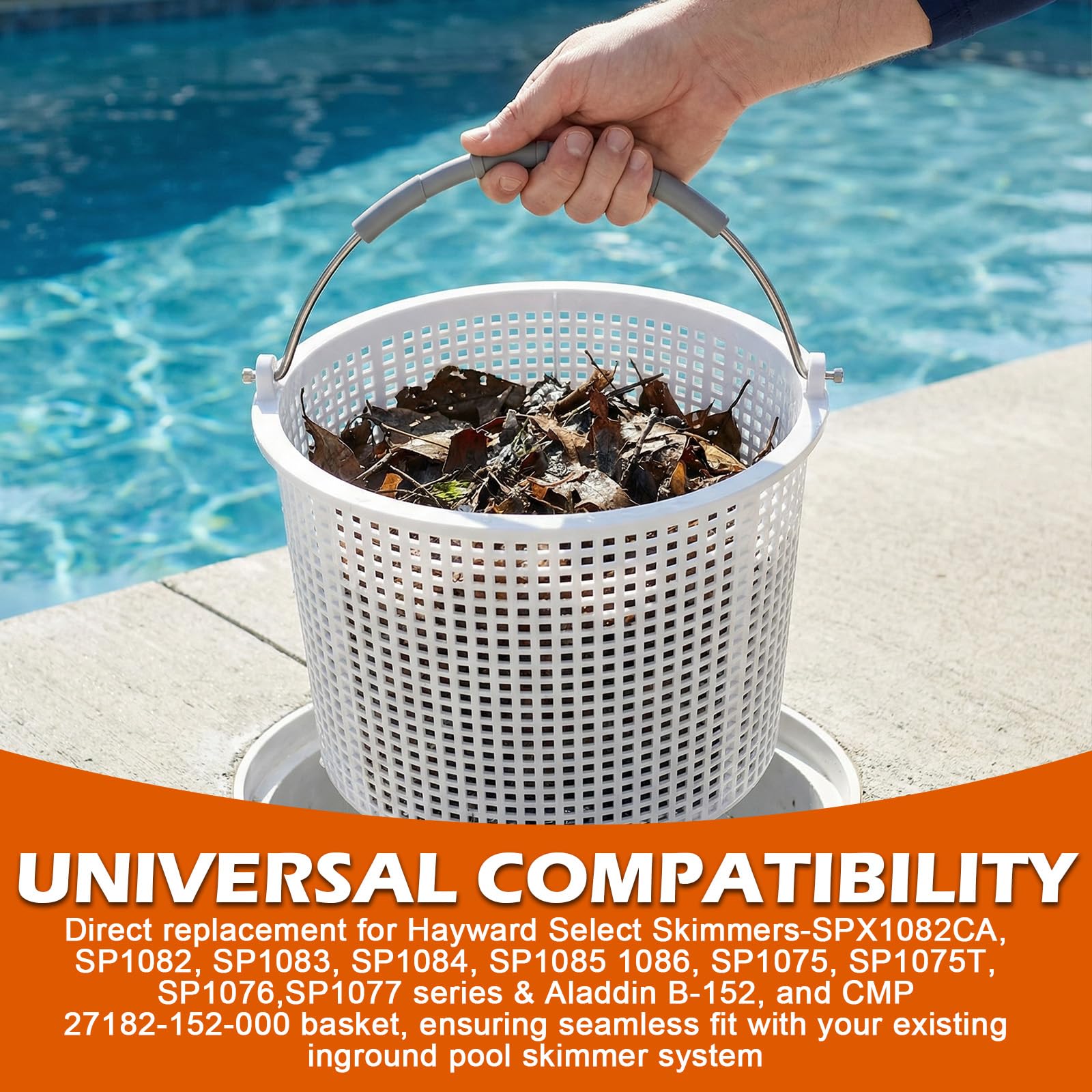 LikeLion pool skimmer basket handle close-up highlights EZ grip stainless steel and rubber wrap.