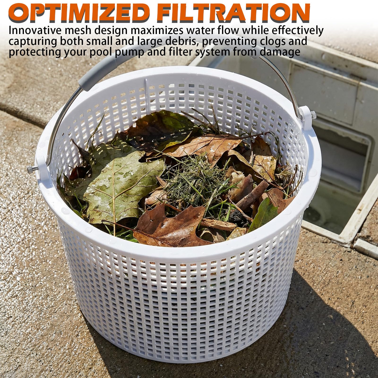 LikeLion pool skimmer basket mesh design promotes strong filtration without clogging.