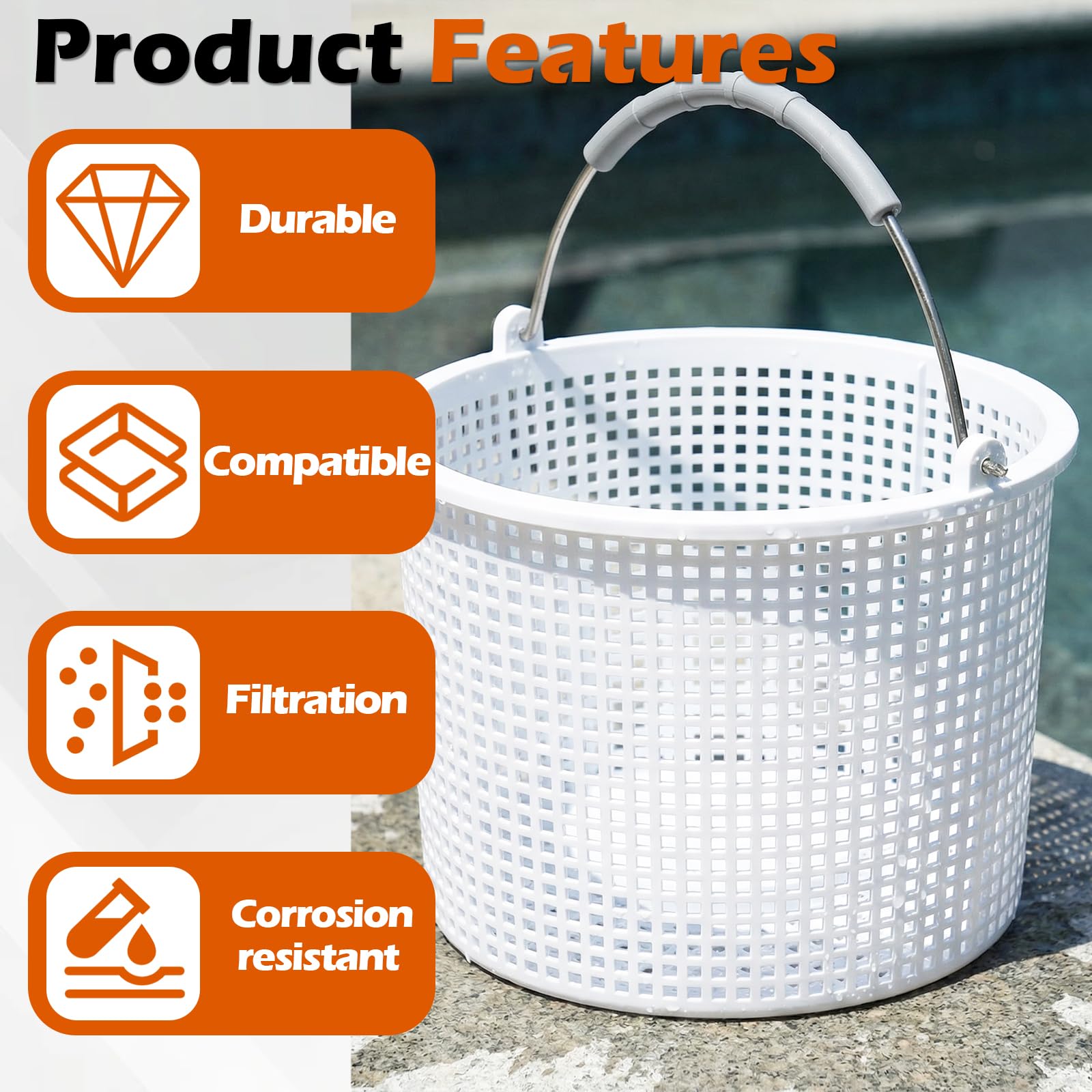 LikeLion pool skimmer basket top view emphasizes universal fit with Hayward and Aladdin skimmers.