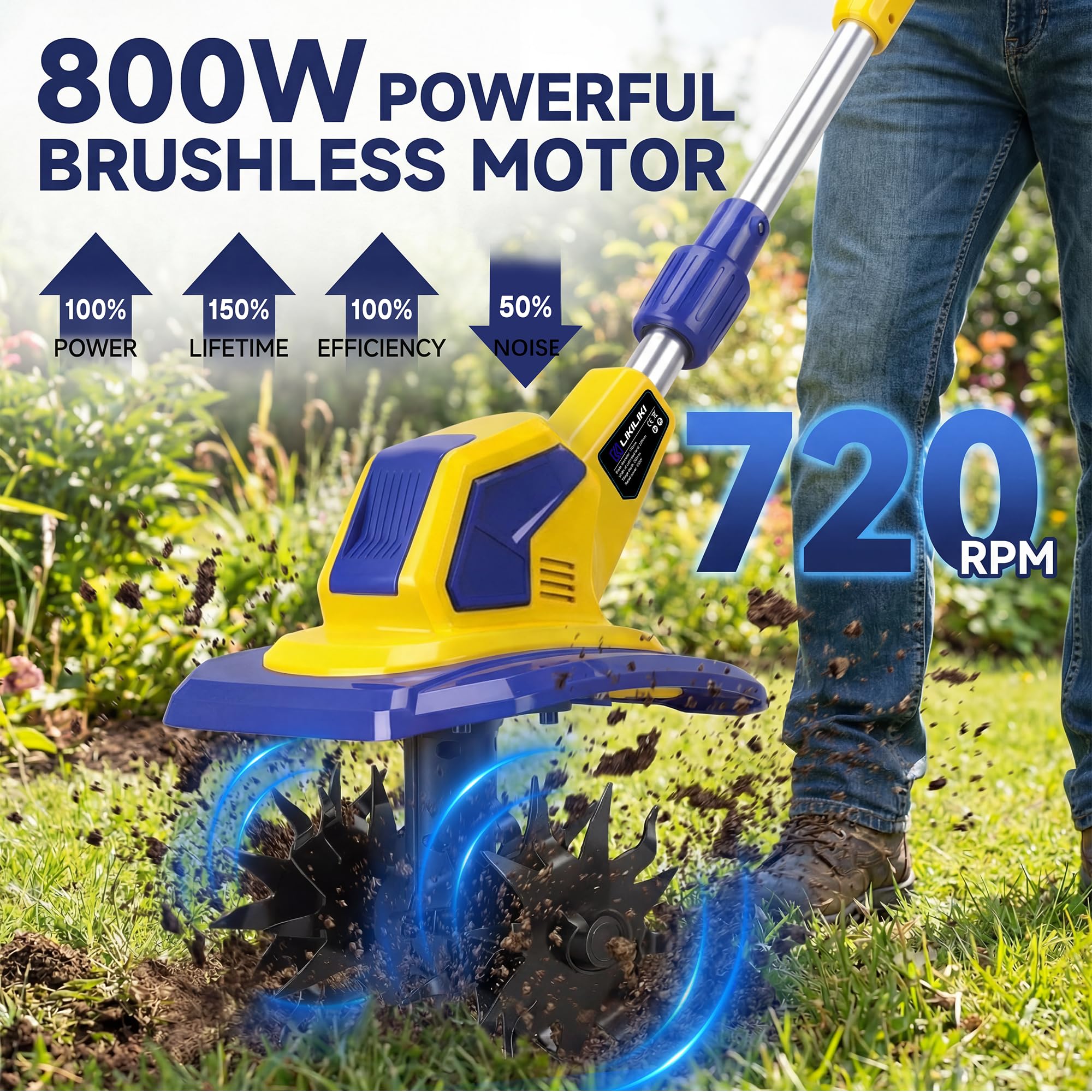 LiKiLiKi tiller 720RPM rotation ready for fast soil work.