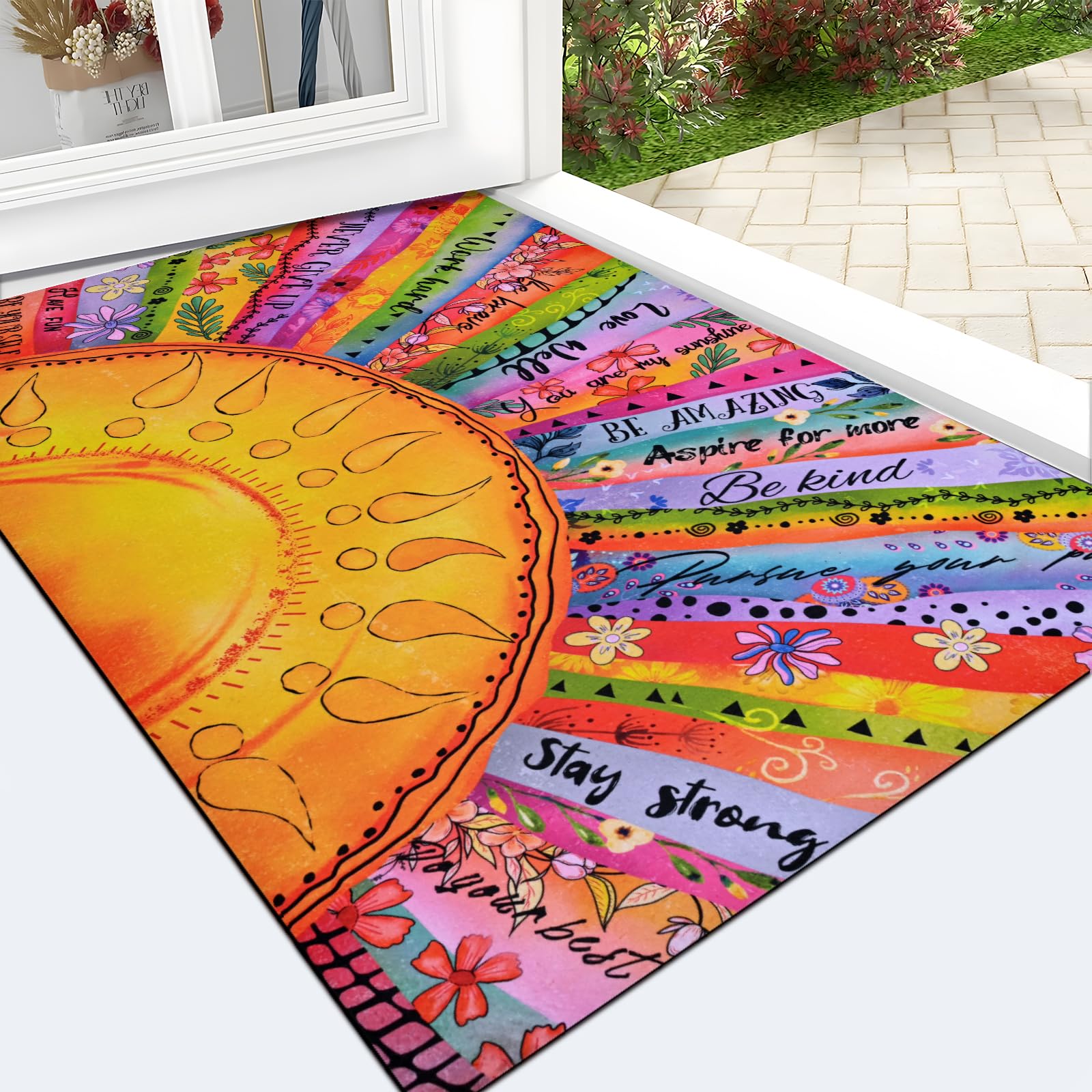 Likiyol boho sun door mat with vibrant sun pattern ideal for a warm, inviting entry.