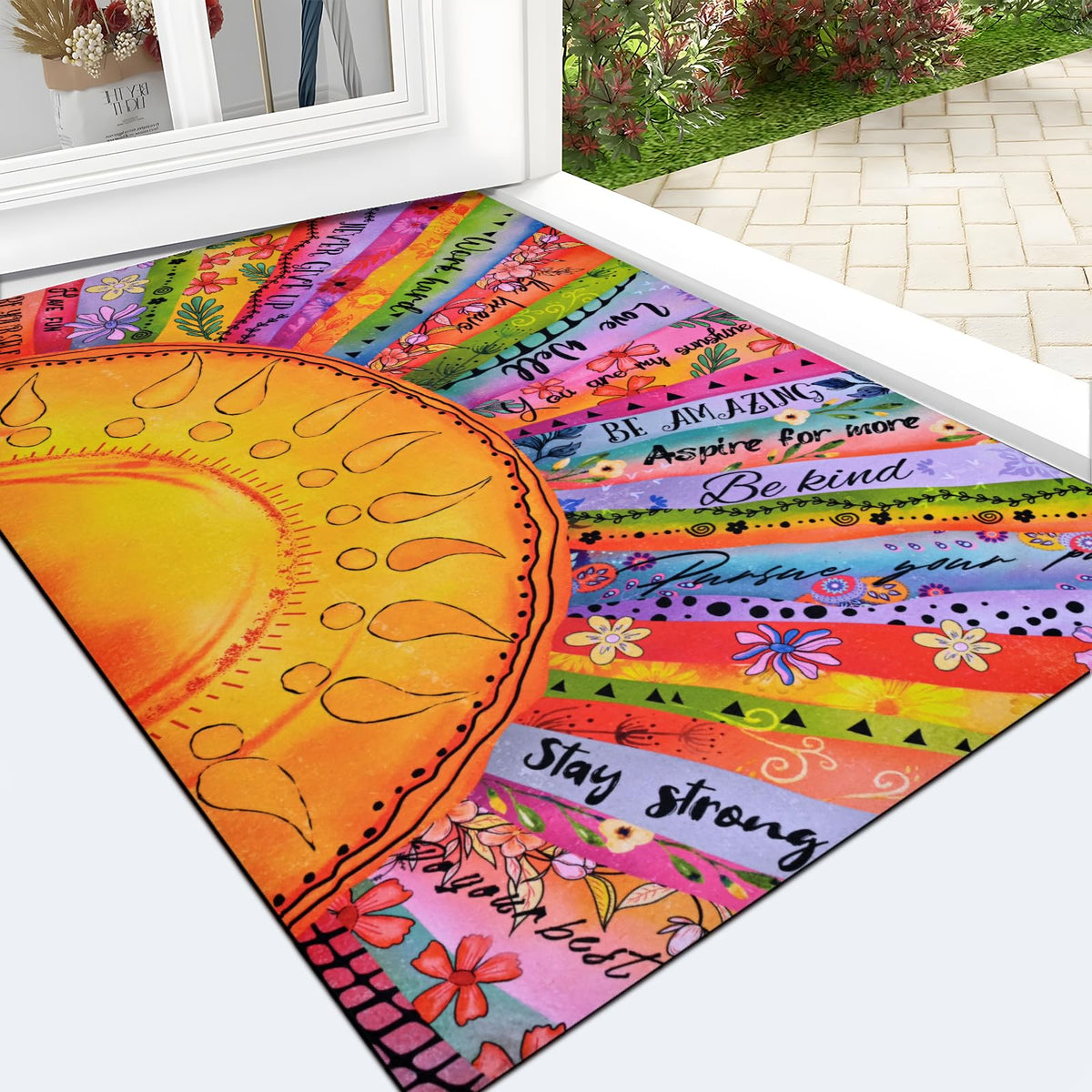 Likiyol boho sun door mat with vibrant sun pattern ideal for a warm, inviting entry.