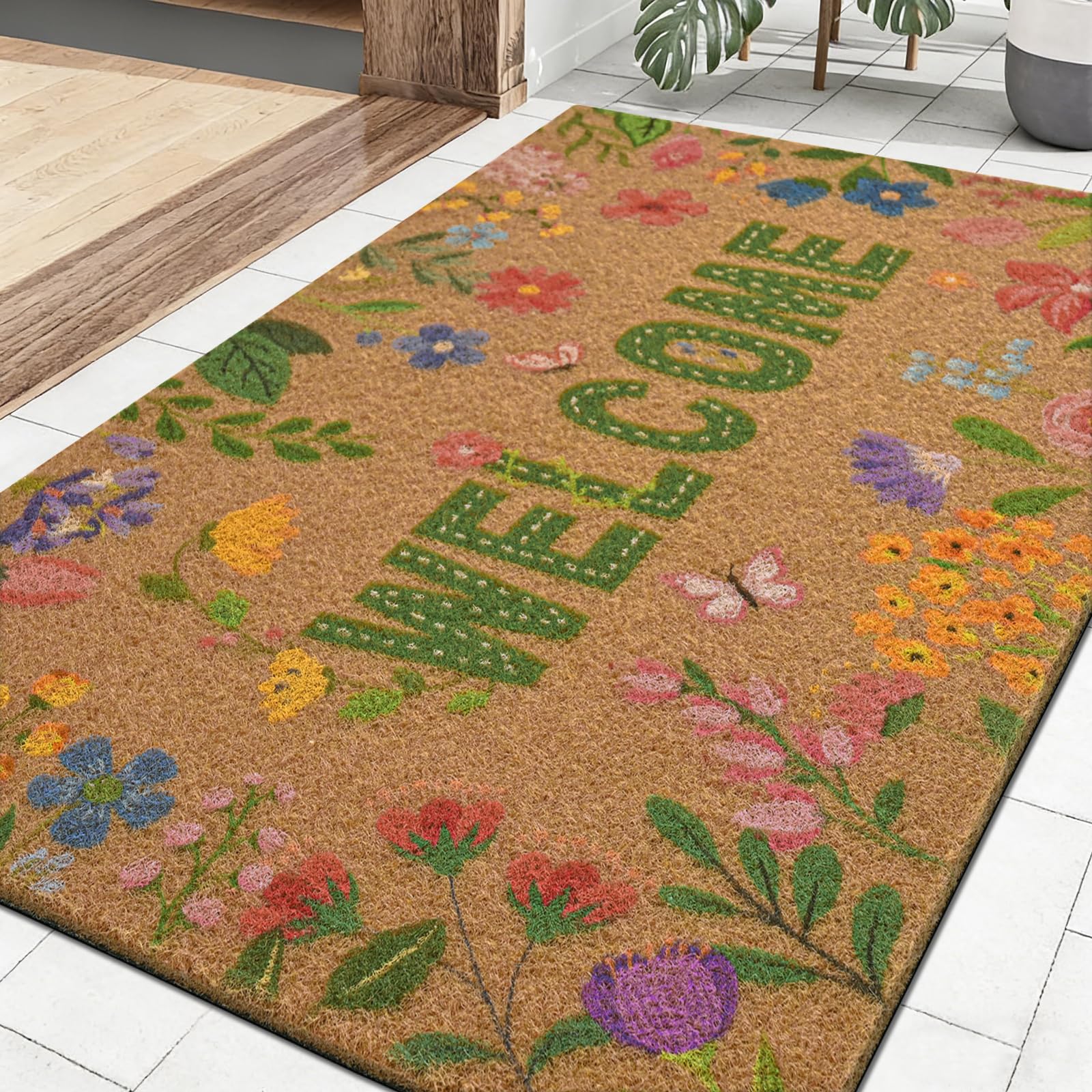 Likiyol floral coir door mat at outside entrance with inviting color and pattern