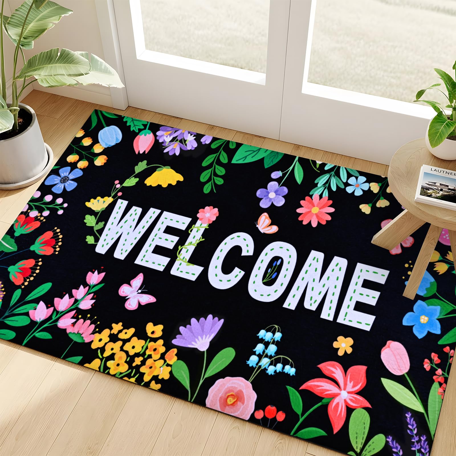Likiyol Floral Door Mat colorfully brightens the entrance for guests.