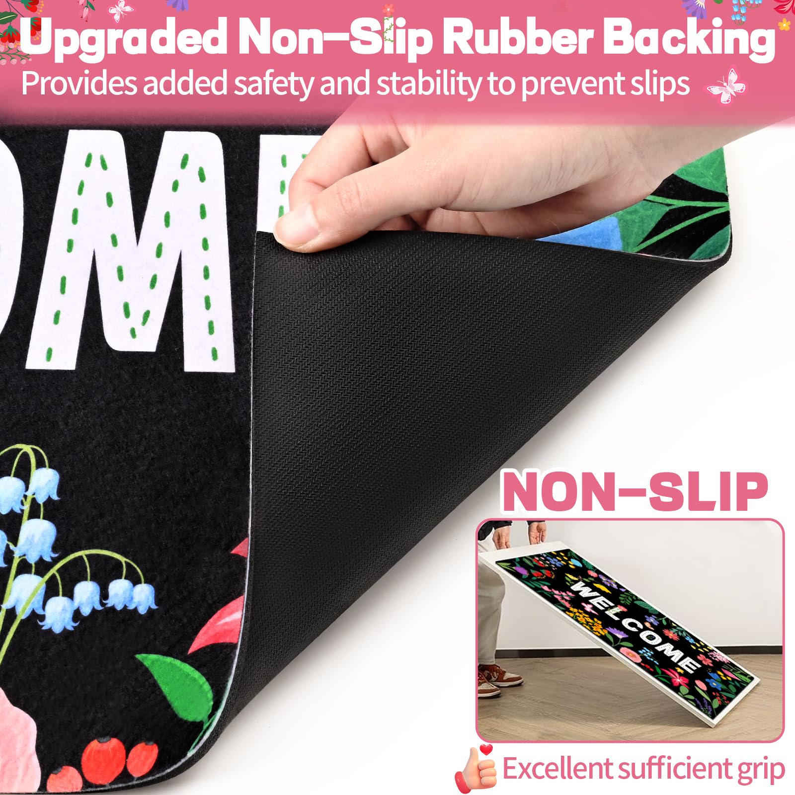 Likiyol Floral Door Mat non-slip backing keeps it steady.