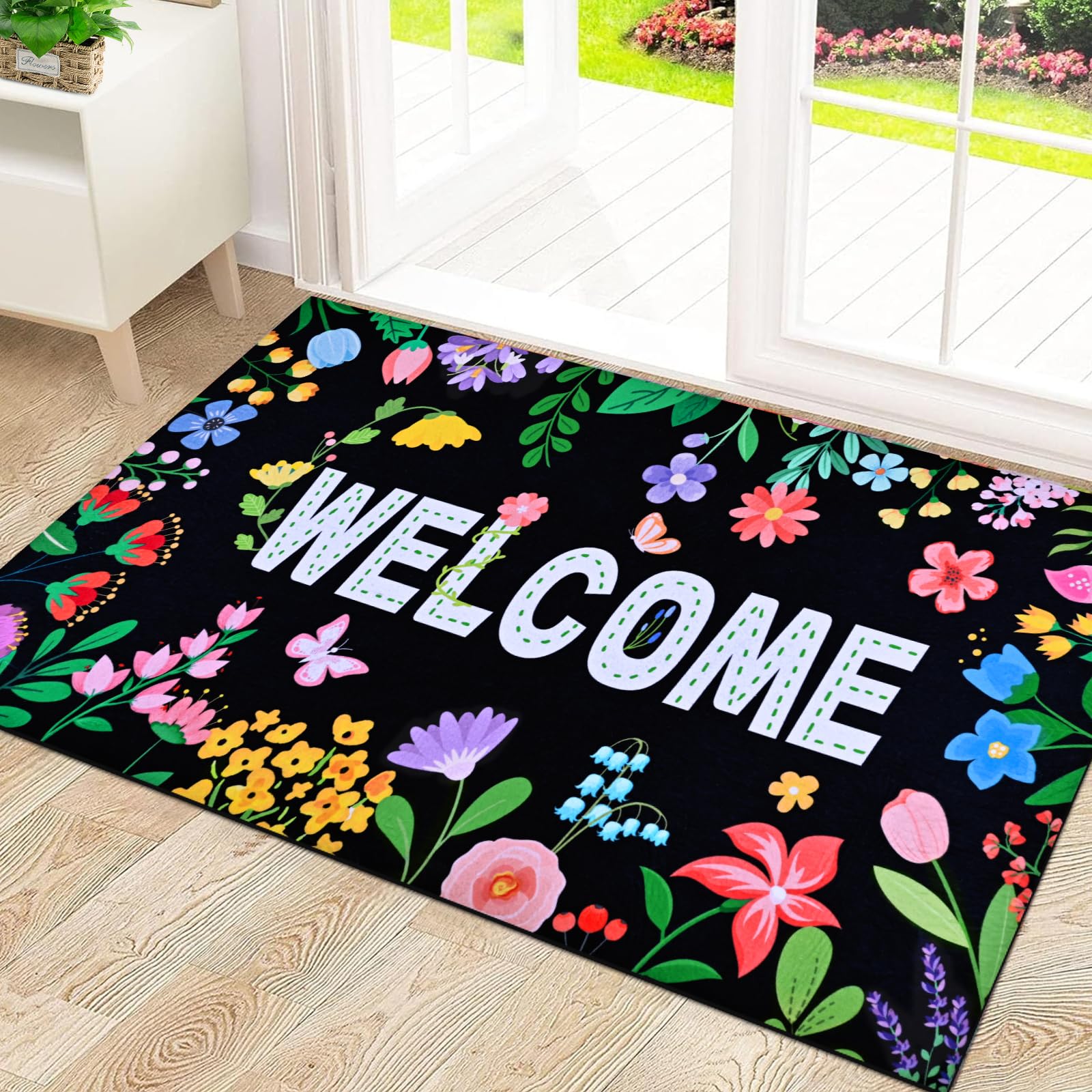 Likiyol Floral Door Mat with welcome pattern enhances entryway appeal.