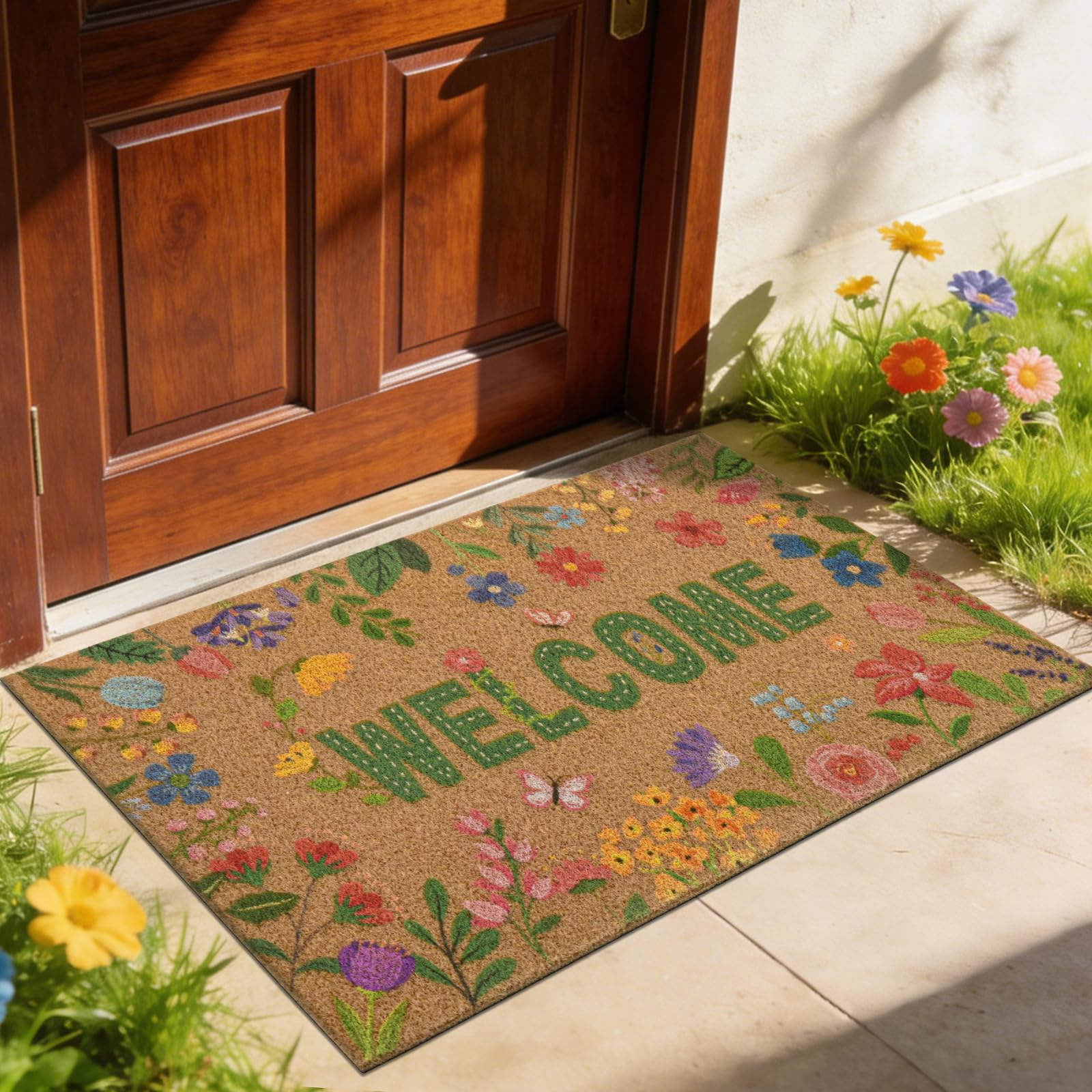 Likiyol welcome mat featuring colorful flowers pattern for curb appeal