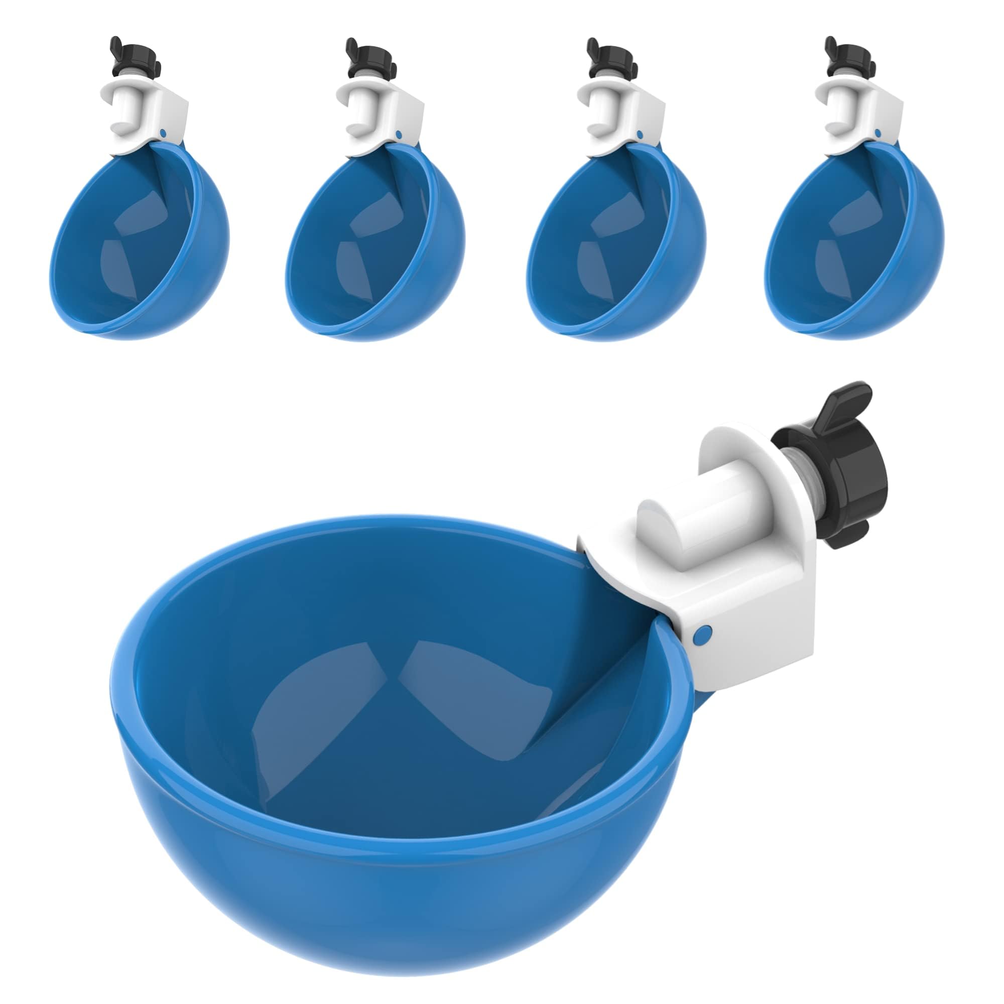 Lil'Clucker blue large waterer cups delivering steady hydration for chickens in the coop.