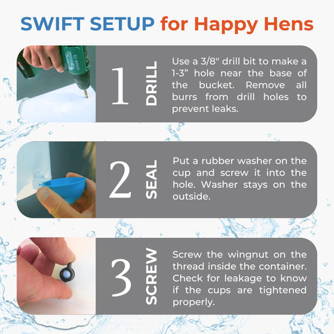 Lil'Clucker automatic cups reducing refill time while keeping water accessible.