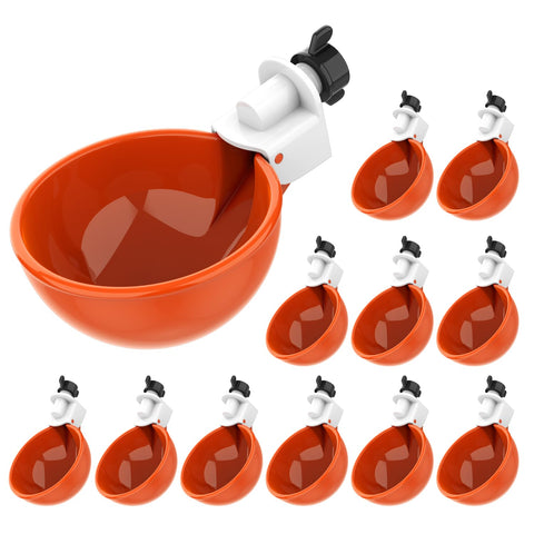 Lil'Clucker large waterer cups in orange, 12-pack for reliable flock hydration.