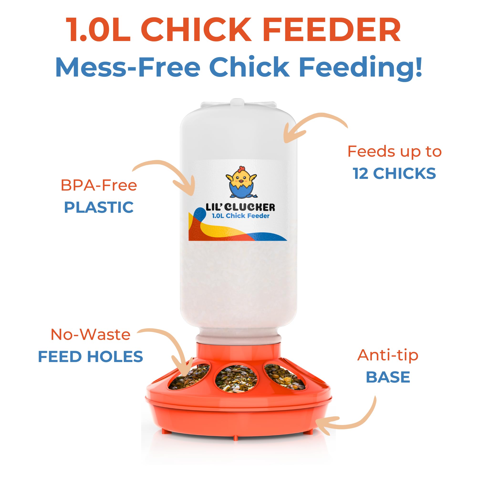Lil'Clucker no-waste holes reduce feed spills and messy bedding.
