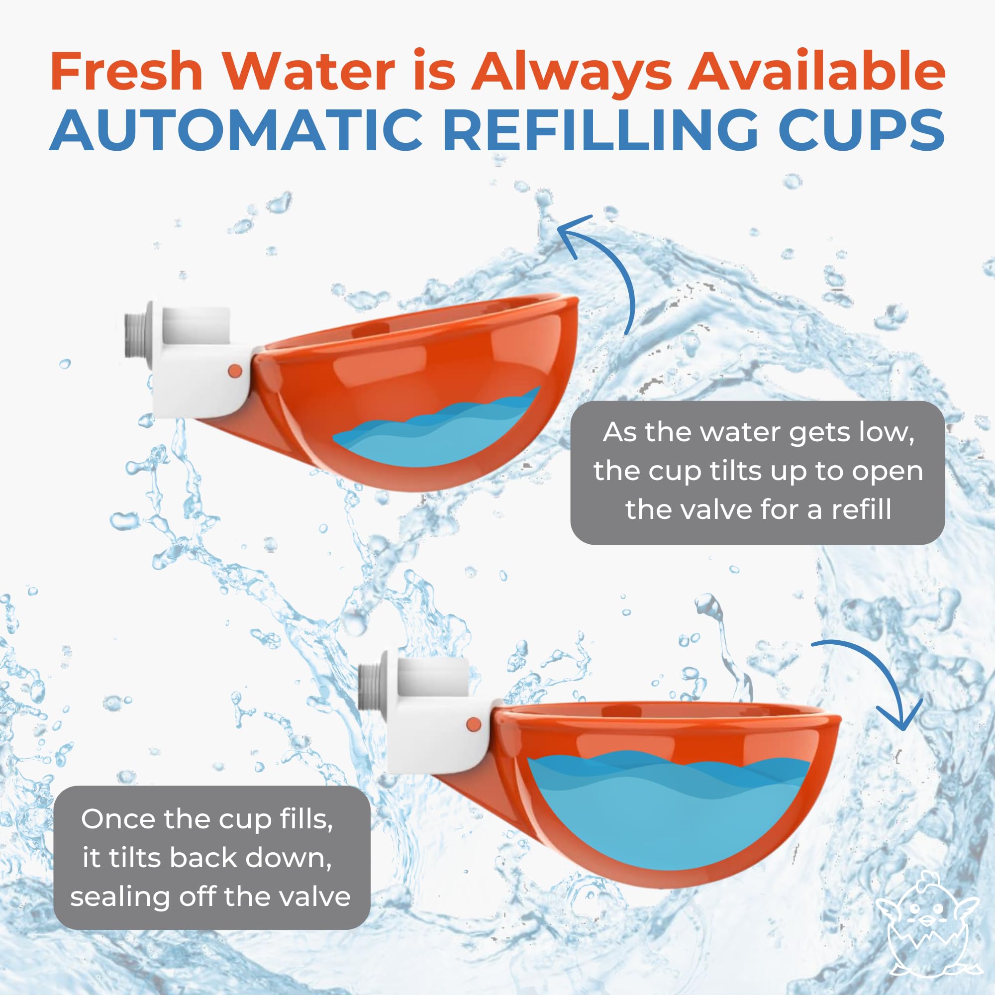 Lil'Clucker waterer cups in use with chickens demonstrating reliable flock hydration