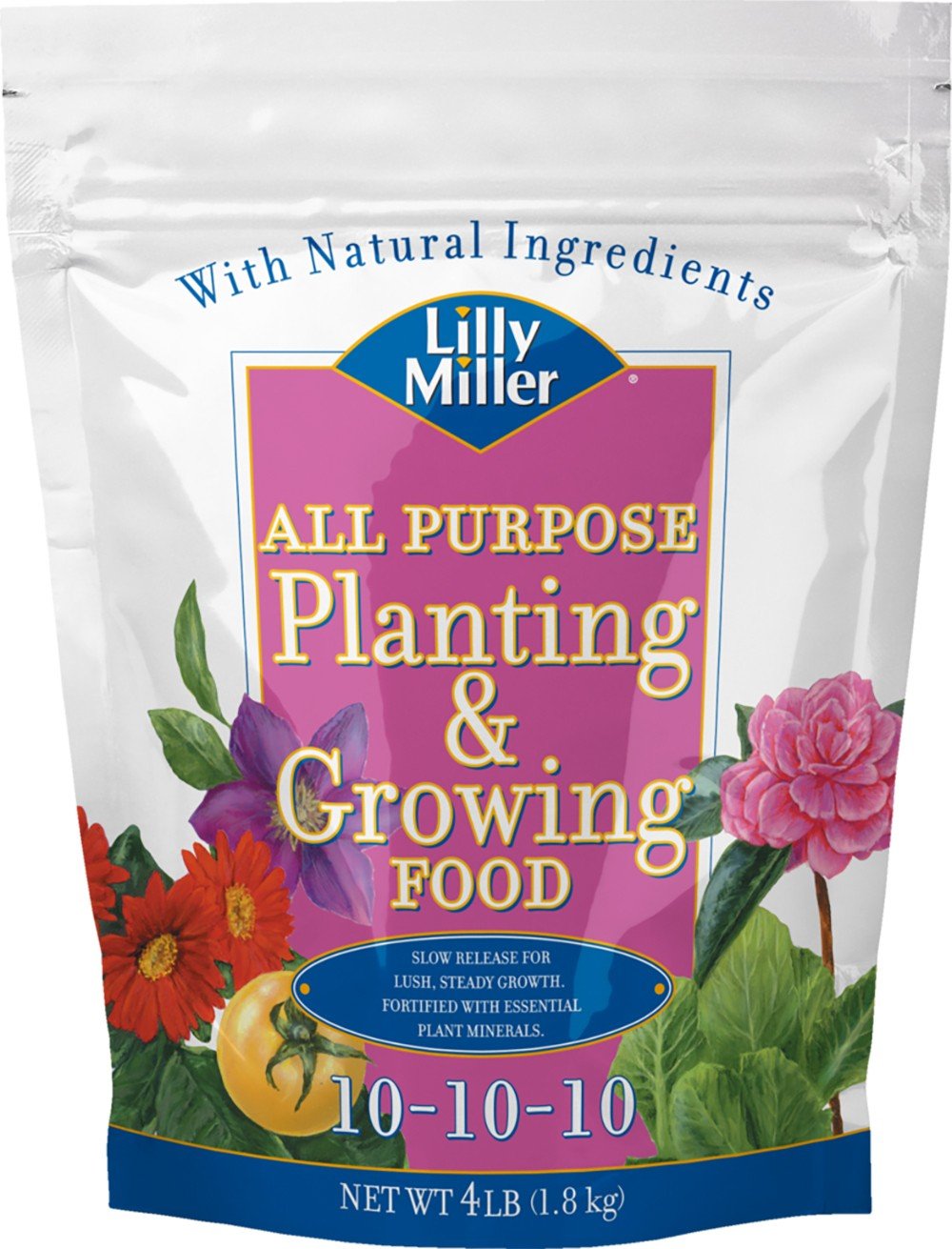 Lilly Miller All Purpose 10-10-10 fertilizer bag promoting steady plant growth for vegetables and flowers