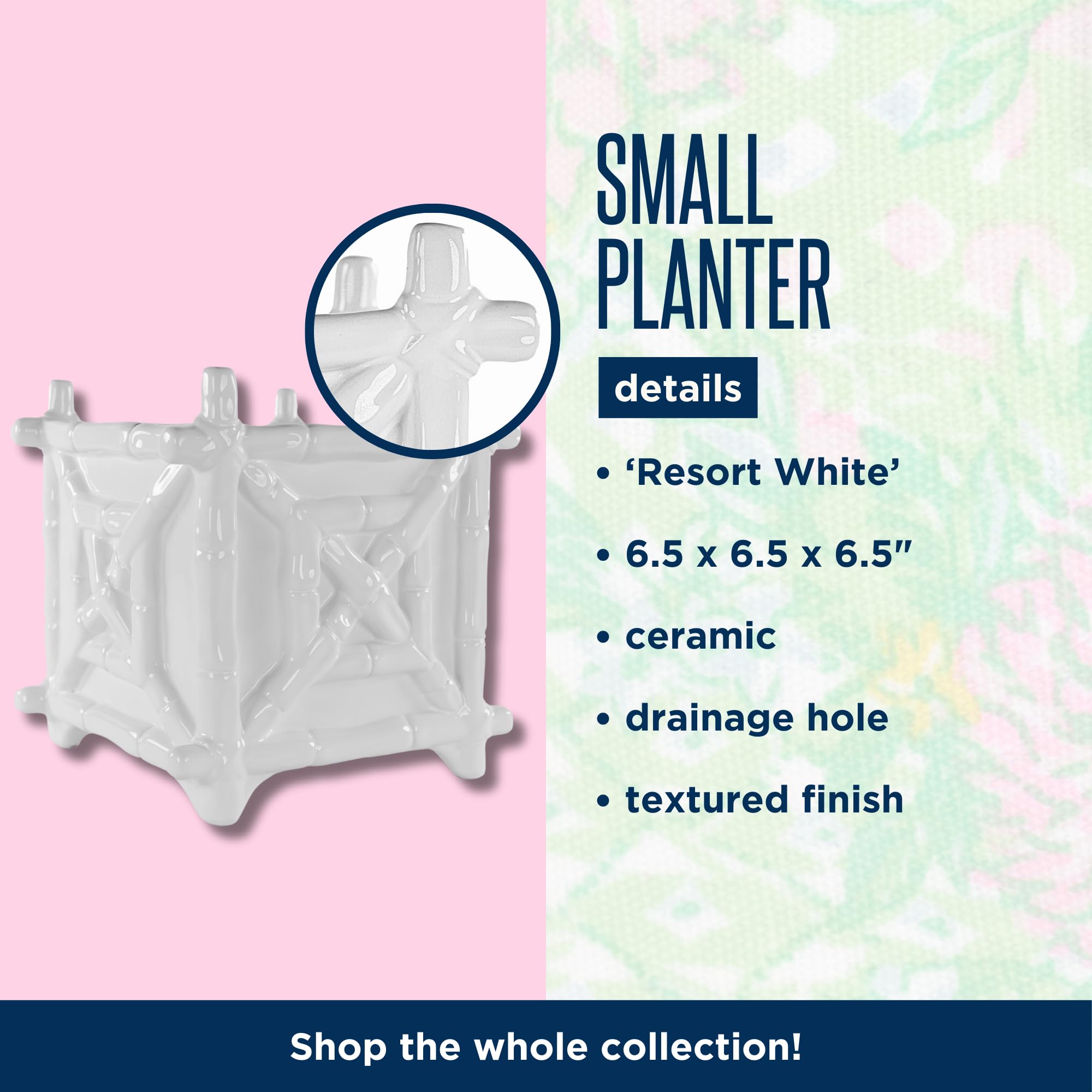 Lilly Pulitzer small planter bamboo resort white drainage hole with silicone stopper