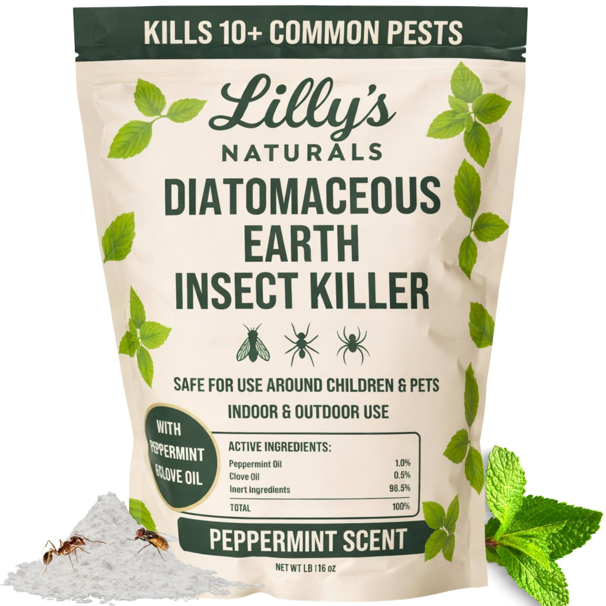 Lilly's Naturals diatomaceous earth bottle for safe home pest control.