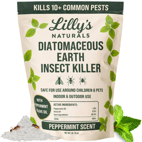 Lilly's Naturals diatomaceous earth bottle for safe home pest control.