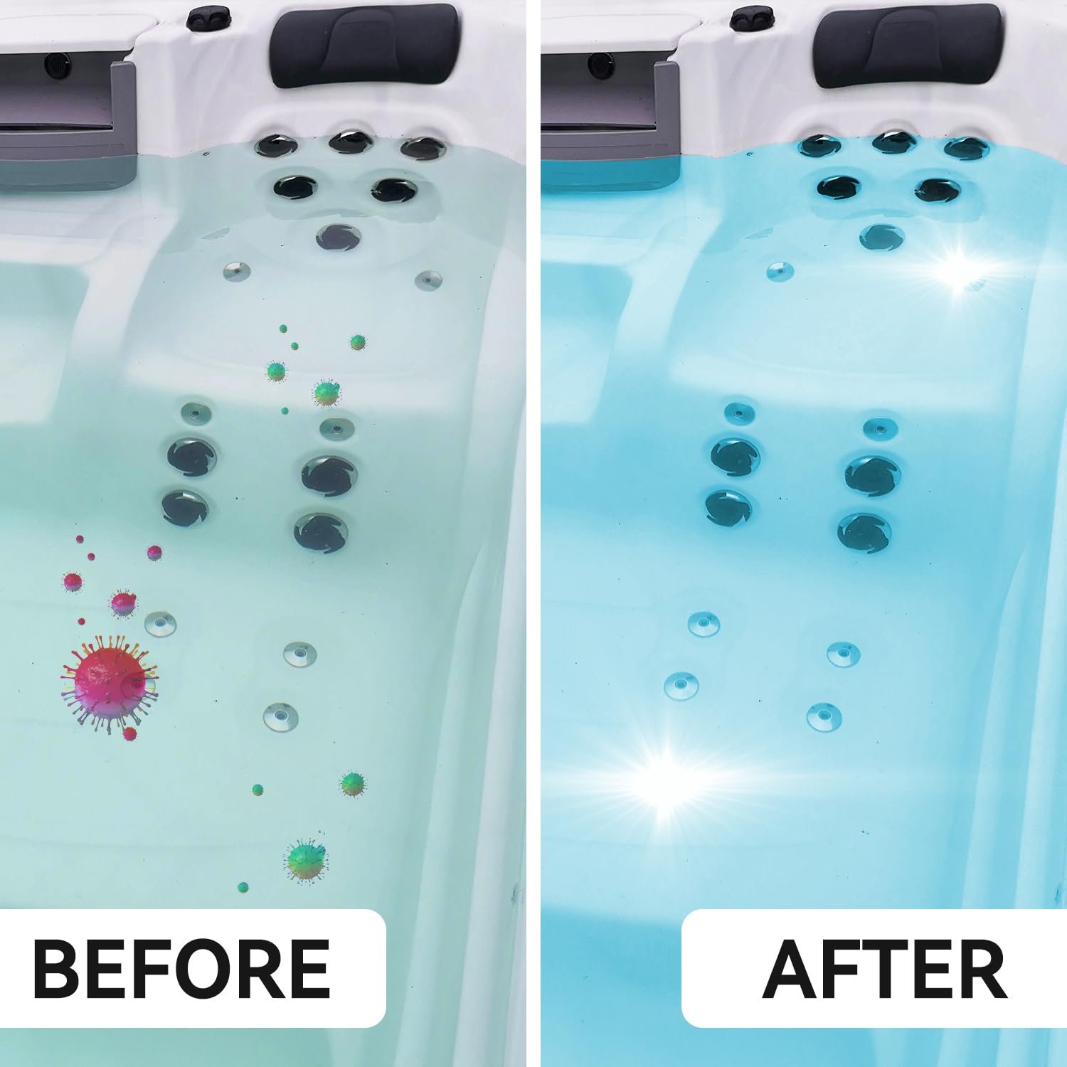 LilPoolises bromine tablets water clarity highlighting crystal spa water.