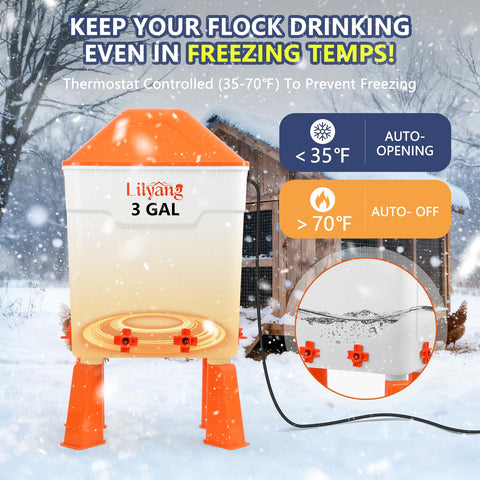 Lilyang thermostat-controlled heating element ensures water stays accessible without constant checking.
