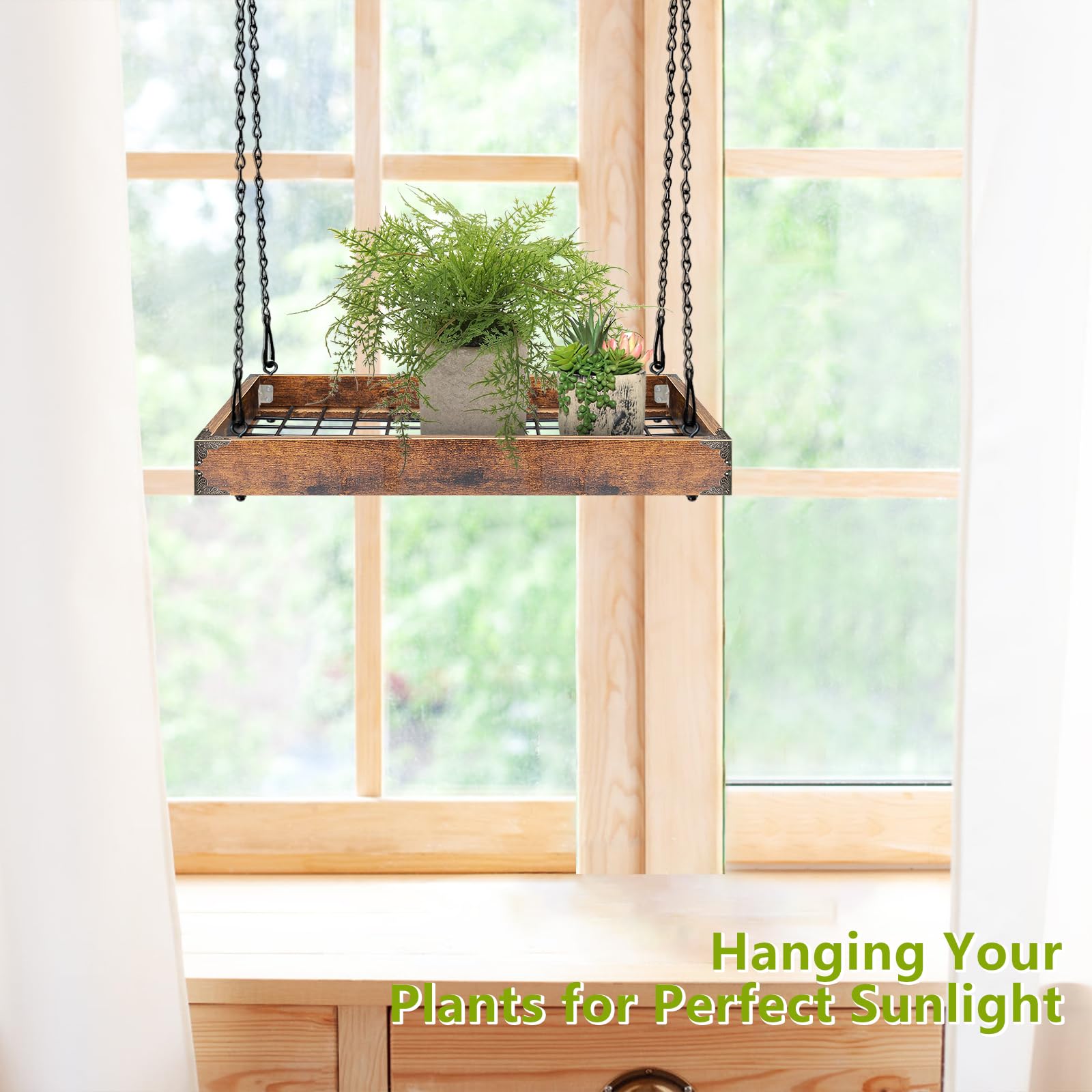 Lilybud hanging planter with metal mesh and sturdy chains for durability.