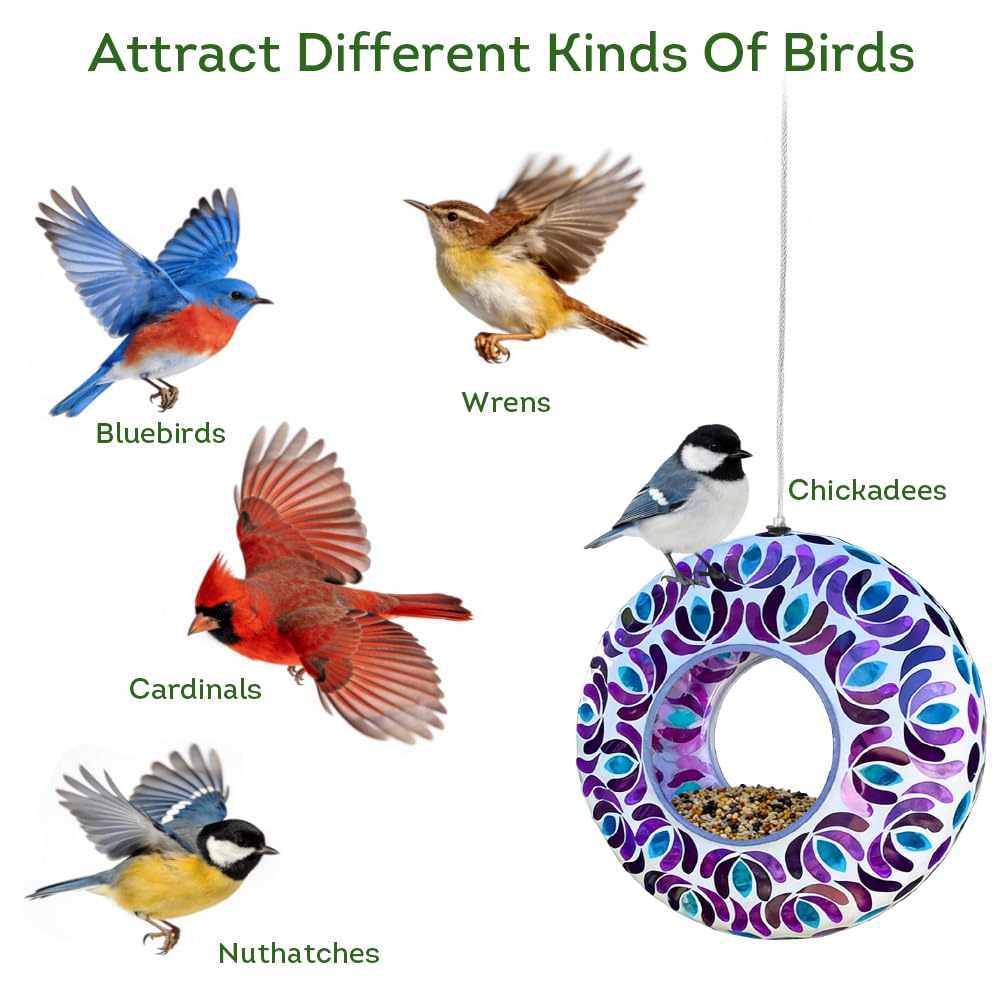 Lily's Home 8-inch glass mosaic feeder offers ample seed space for outdoor birds.
