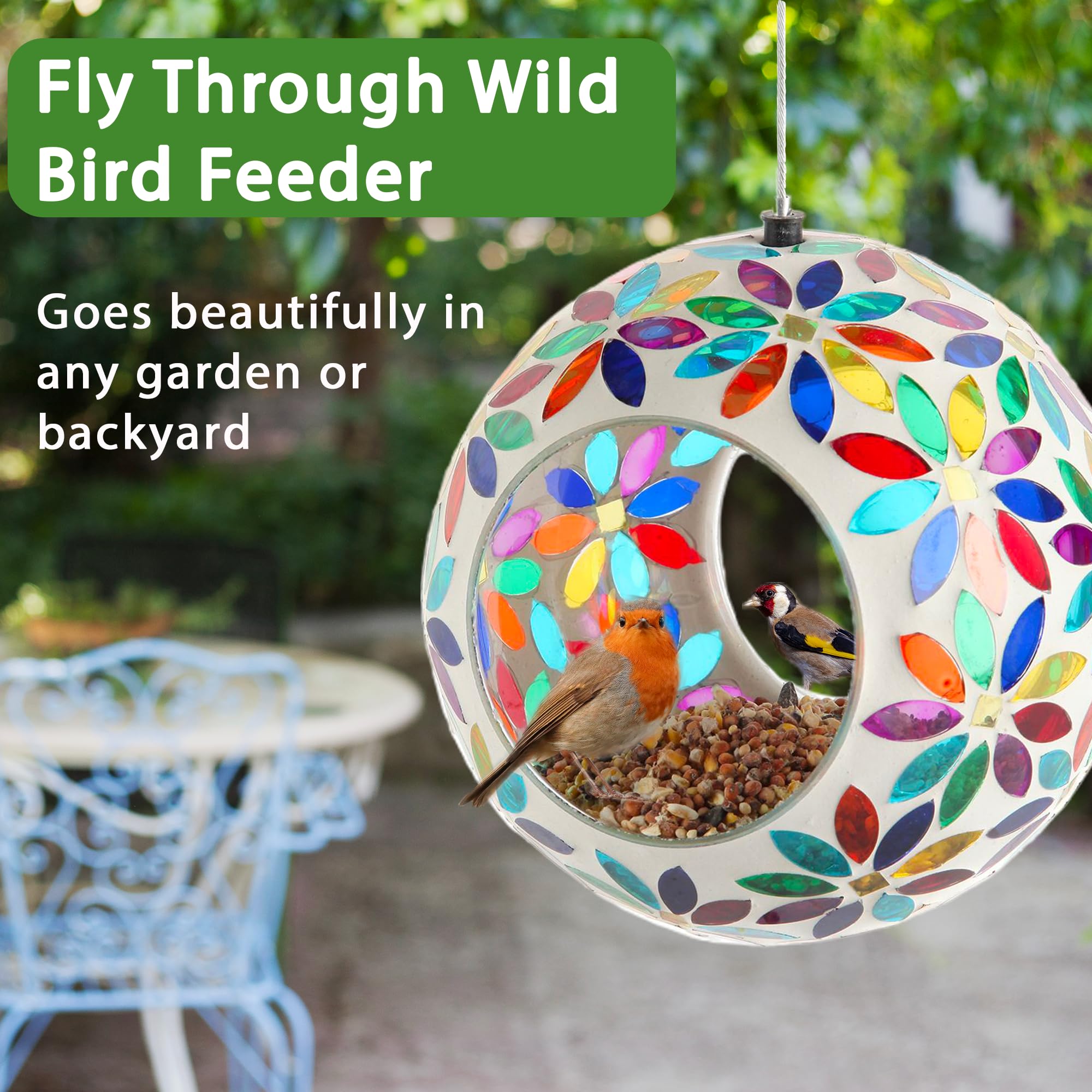 Lily's Home fly-through glass mosaic feeder invites birds to feed and depart easily.