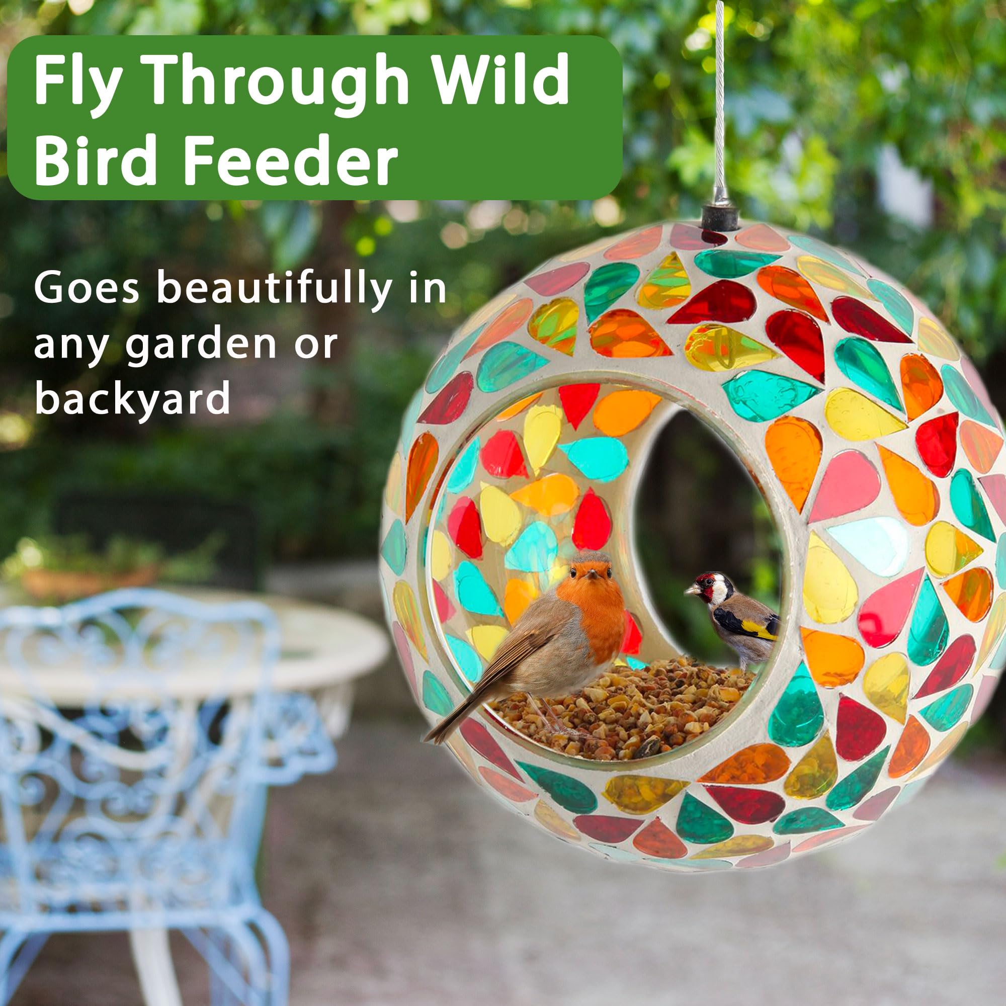 Lily's Home fly-through feeder hangs easily for convenient garden viewing.