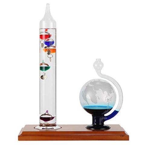 Lily's Home Galileo thermometer with globe shows 64–80°F indoor range.