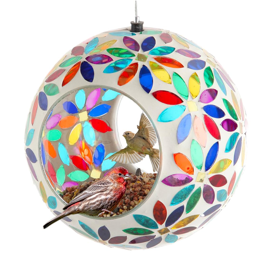 Lily's Home glass mosaic bird feeder for outdoors attracts birds and adds garden charm.