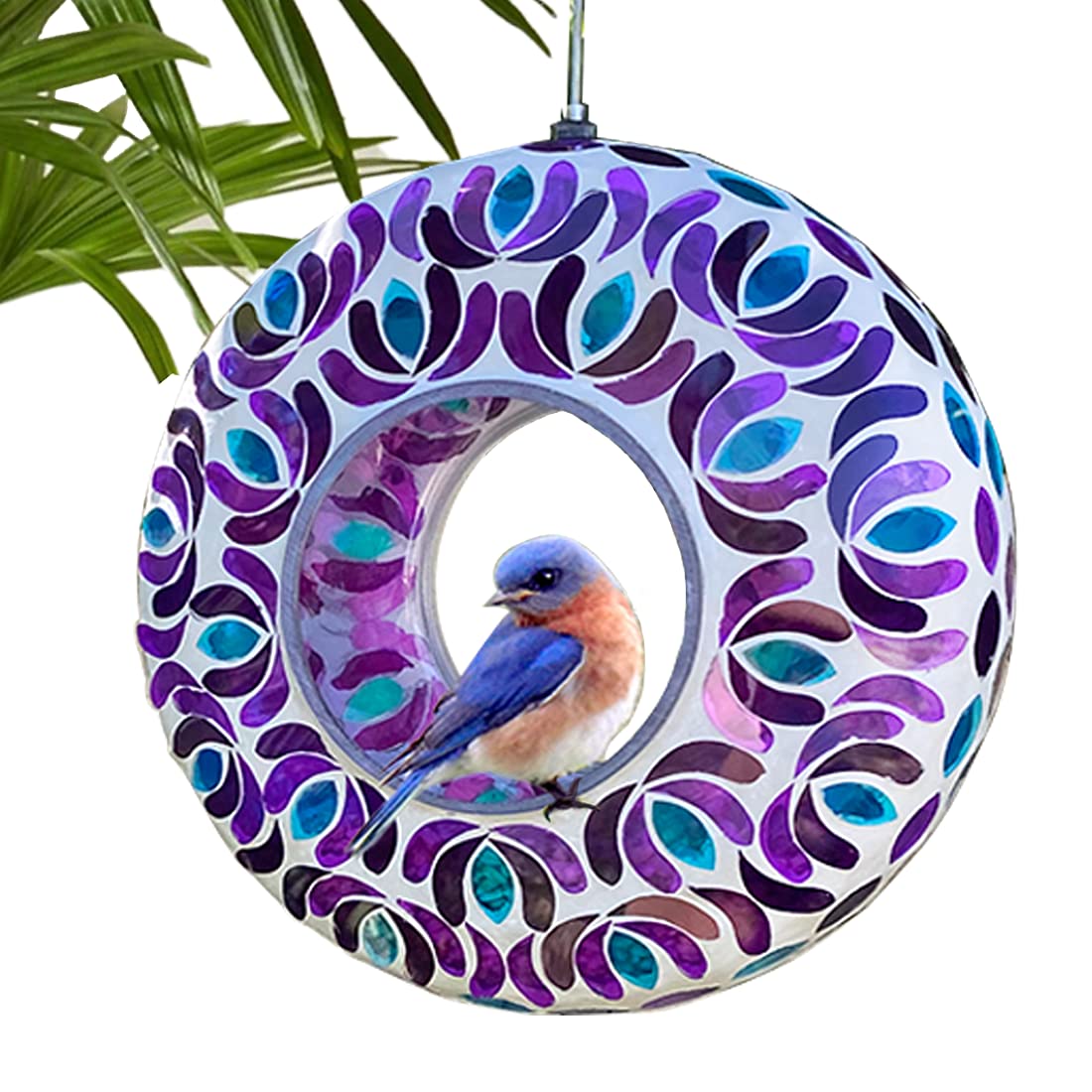 Lily's Home glass mosaic hanging bird feeder in purple and blue attracts backyard birds.