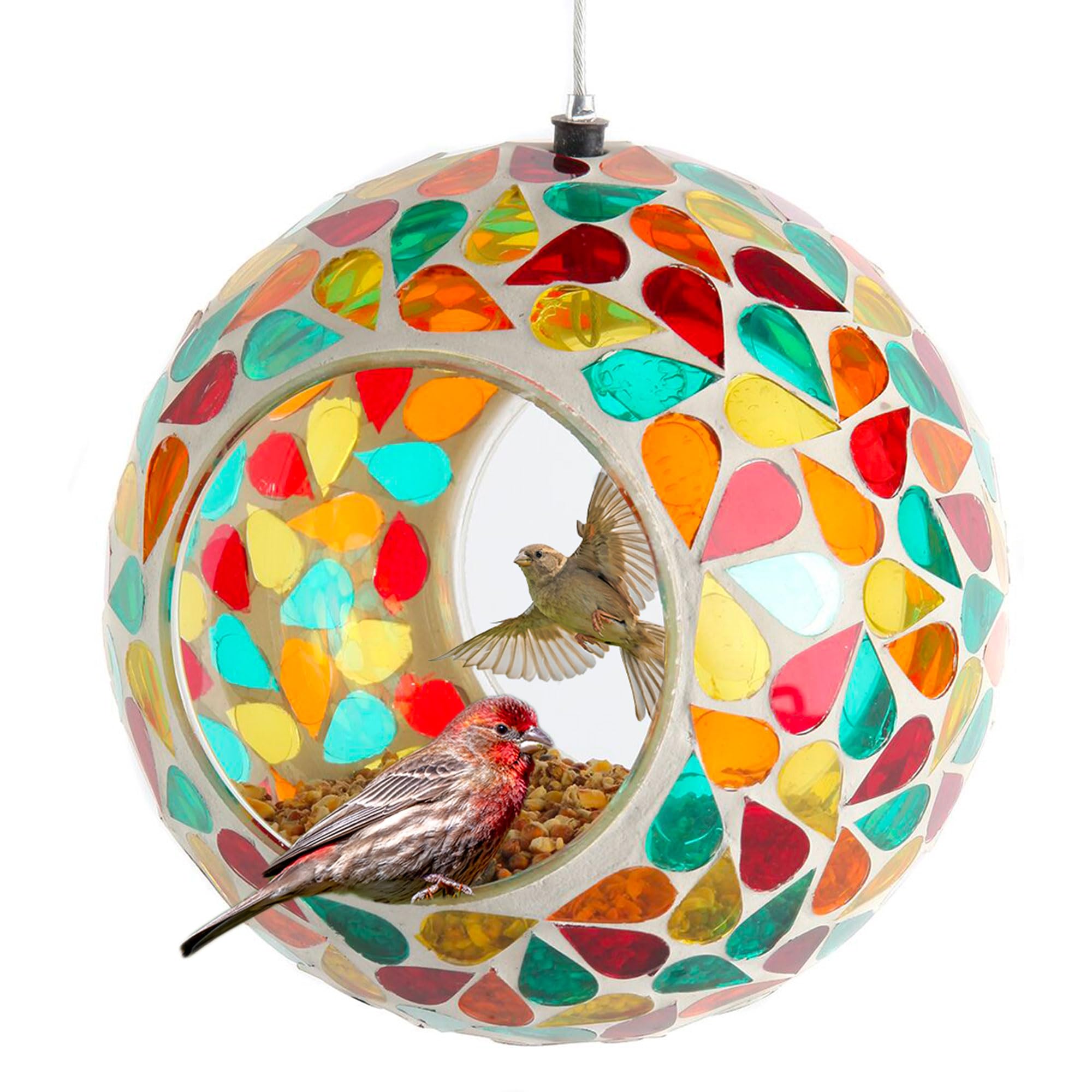 Lily's Home hanging fly-through feeder with mosaic drops attracts songbirds.