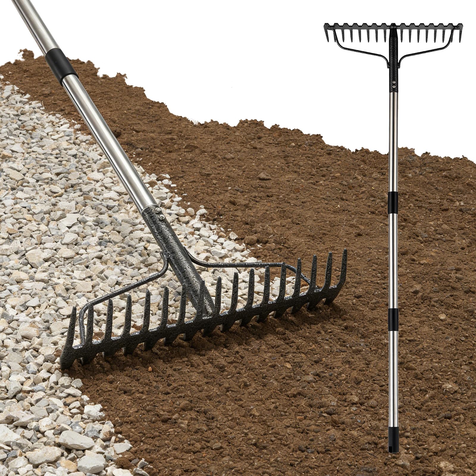 Lilyvane 4ft bow rake with metal head and 17 tines for breaking up compacted soil.