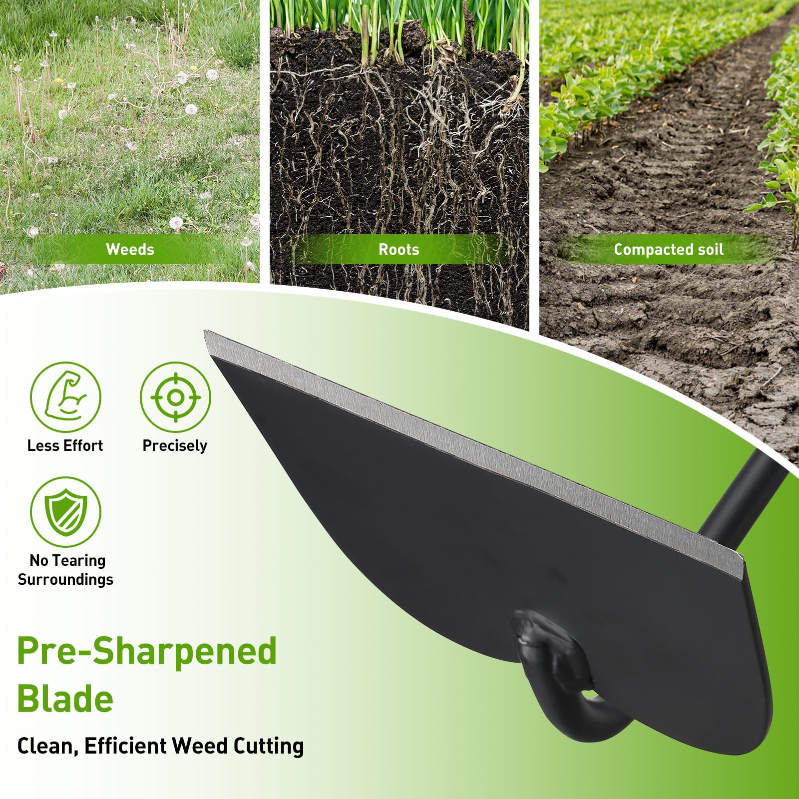 Lilyvane garden hoe 74-inch handle assembled for standing use.