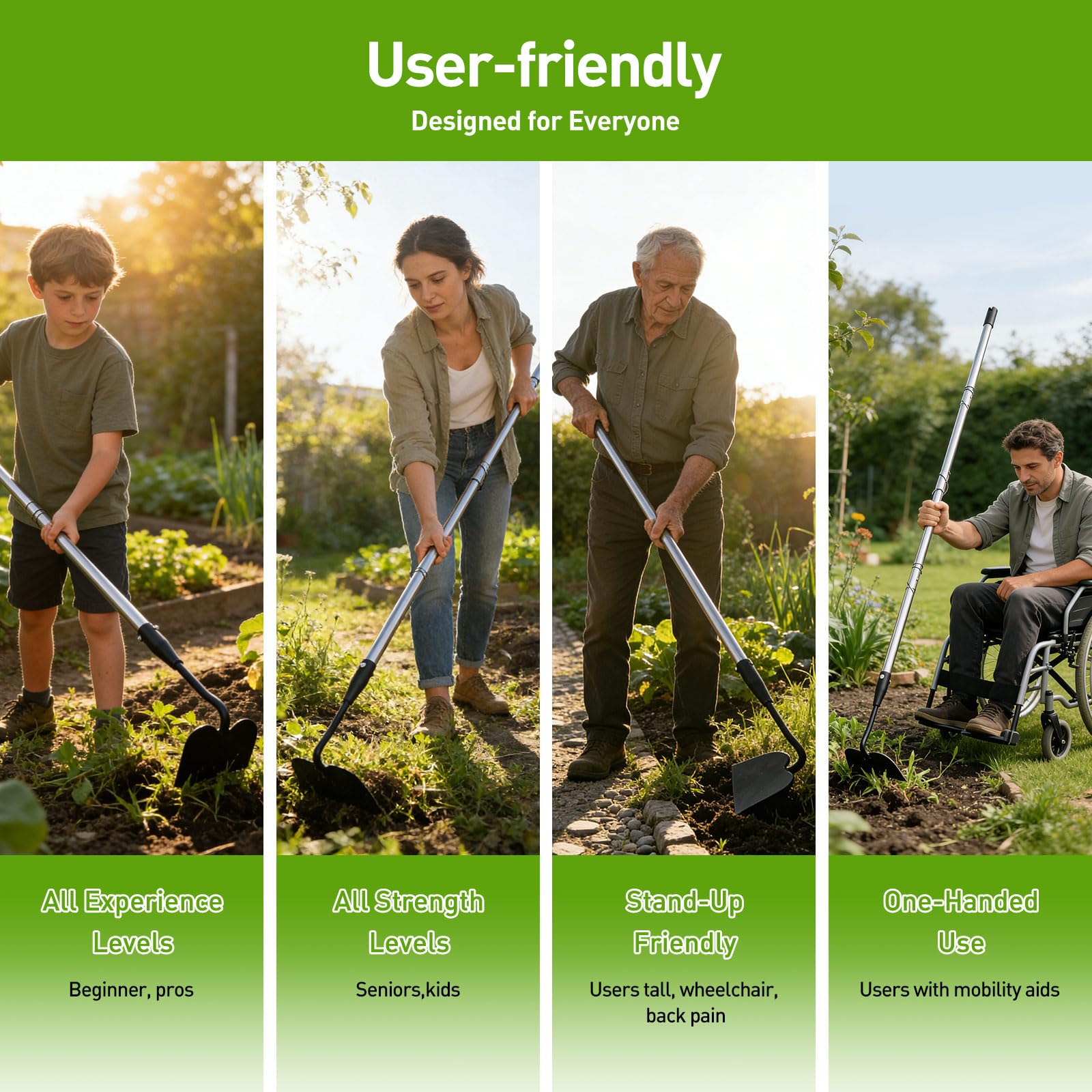 Lilyvane Garden Hoe ergonomic 60-inch design supports taller gardeners.