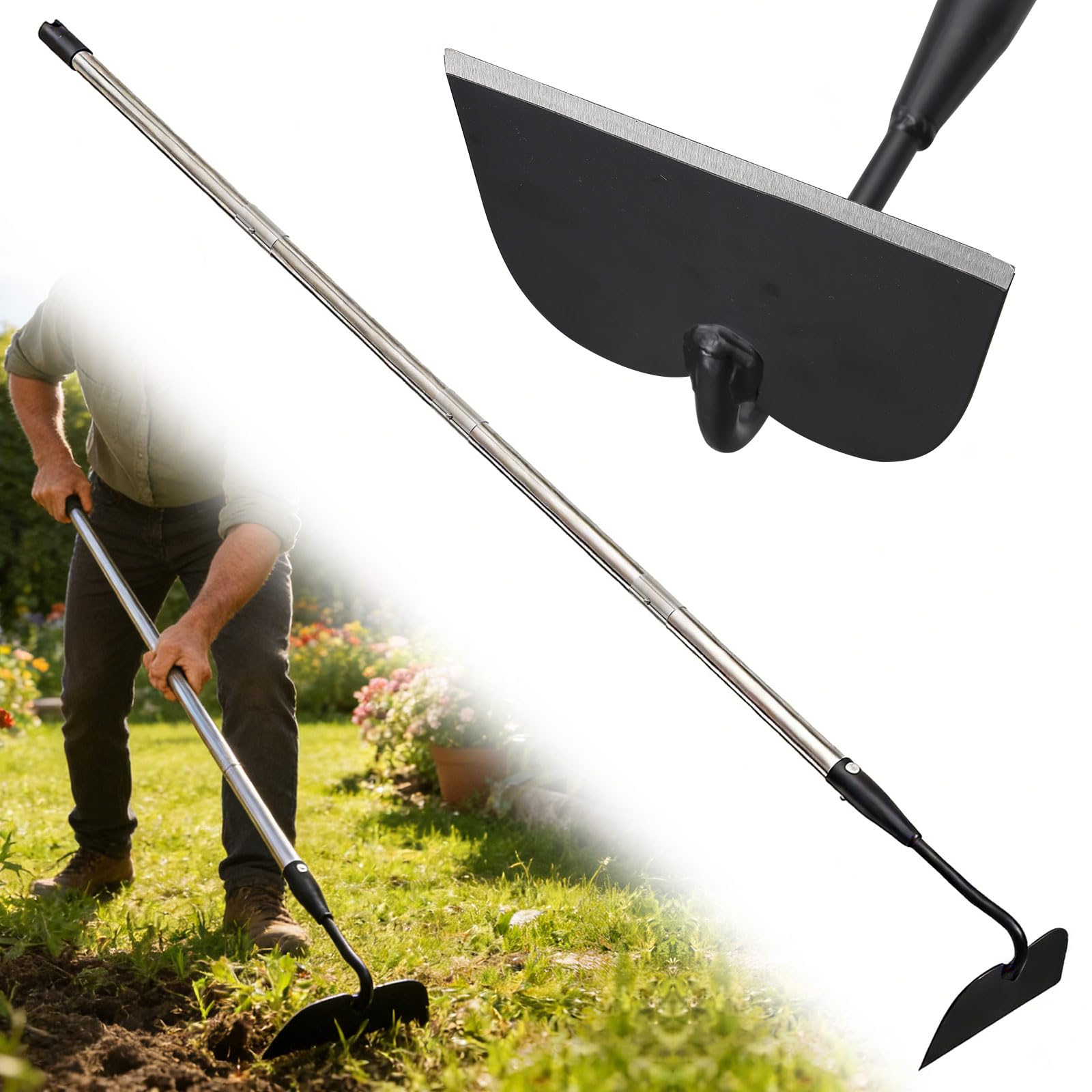 Lilyvane Garden Hoe blade close-up showing sharp edge for precise weed cutting.