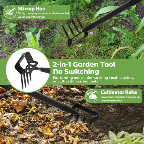 Lilyvane garden hoe cultivator-tines penetrate soil for deep weed removal.