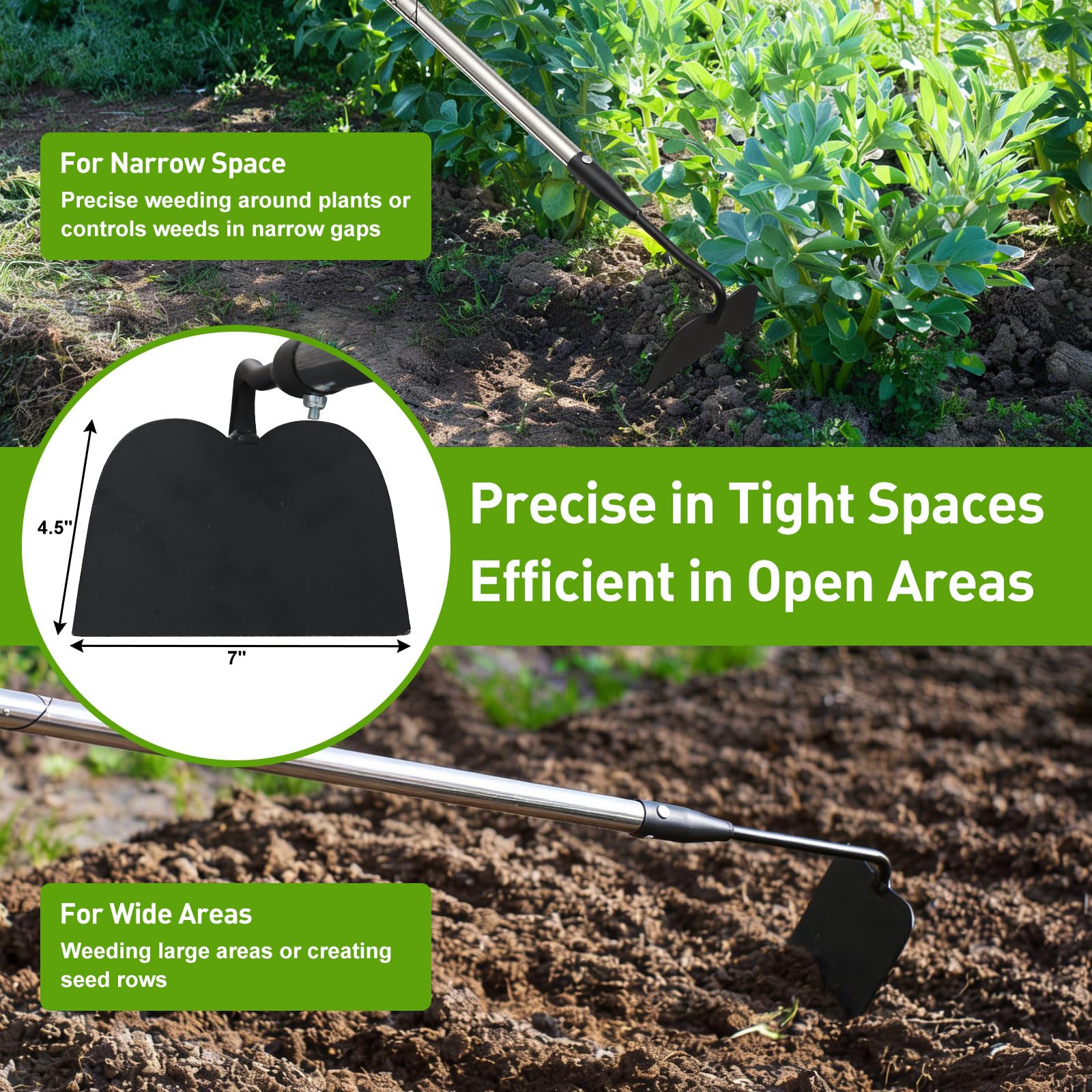 Lilyvane Garden Hoe draw-action weeding between plants reduces effort.
