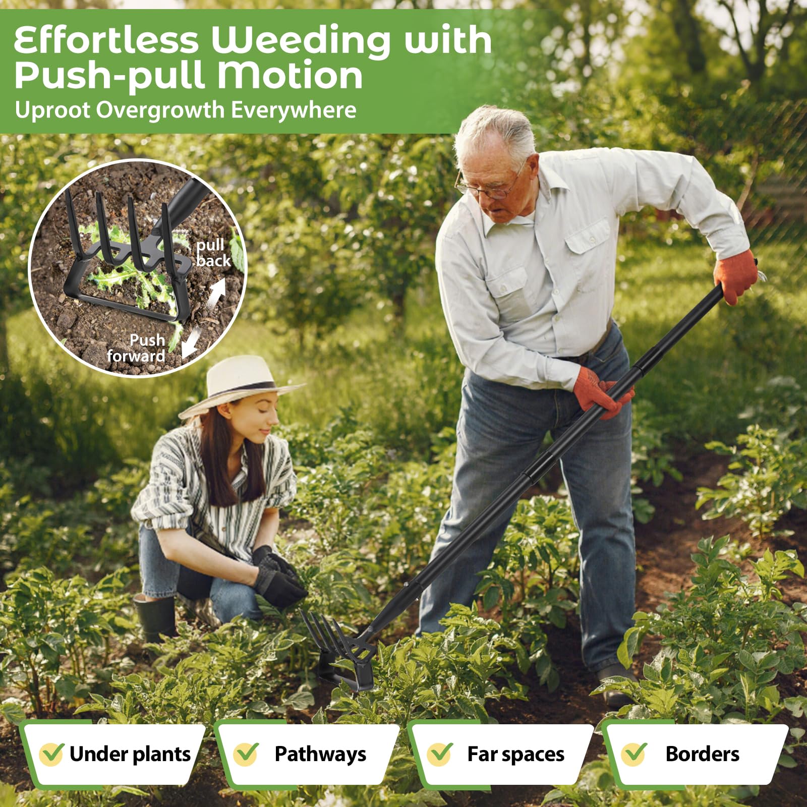 Lilyvane push-pull action saves effort in large garden areas.