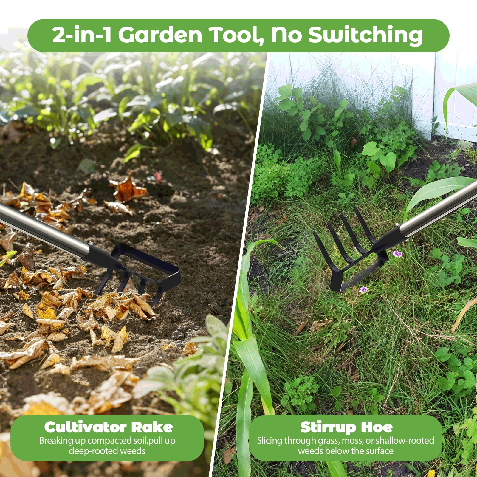 Lilyvane garden hoe with stirrup-hoe edge enables fast weed removal at borders