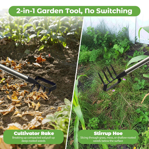 Lilyvane garden hoe with stirrup-hoe edge enables fast weed removal at borders