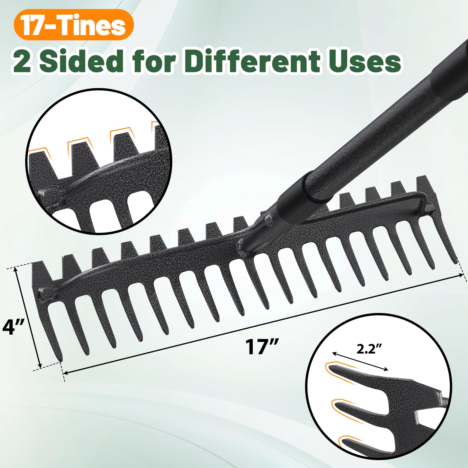 Lilyvane garden rake featuring 17 tines for efficient leaf and debris collection.