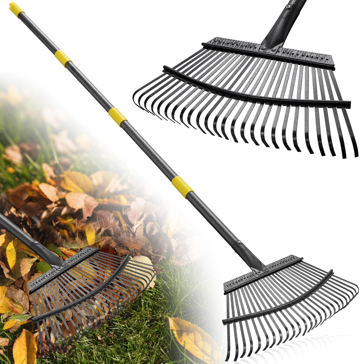 Lilyvane garden rake with an 18-inch head for quick lawn debris pickup.