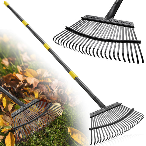 Lilyvane garden rake with an 18-inch head for quick lawn debris pickup.