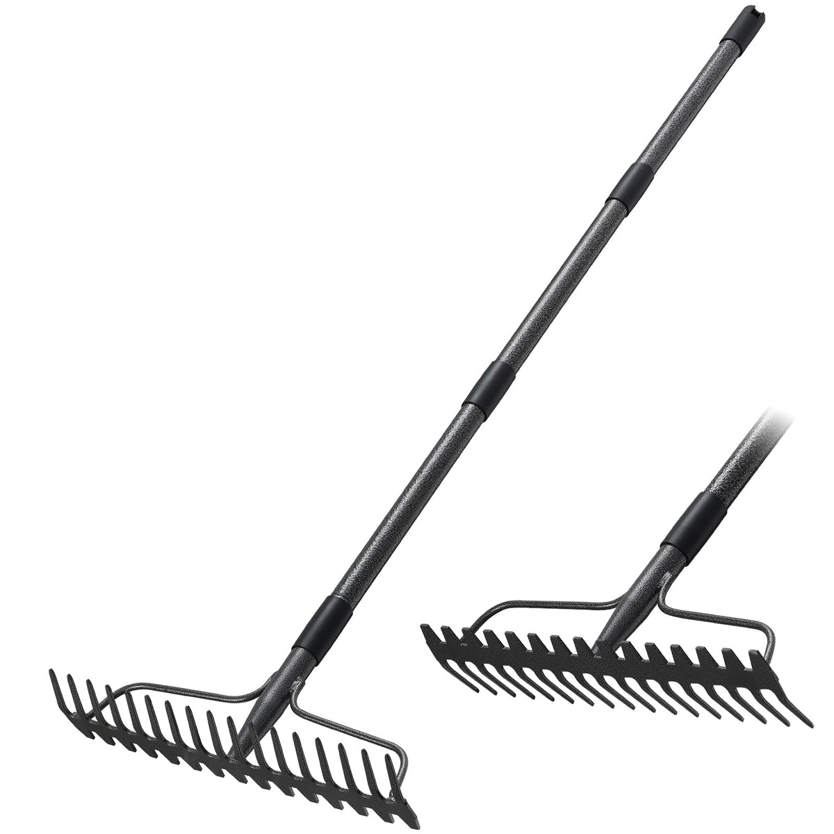 Lilyvane garden rake with 63-inch handle for extended reach and control.
