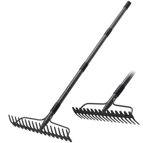 Lilyvane garden rake with 63-inch handle for extended reach and control.