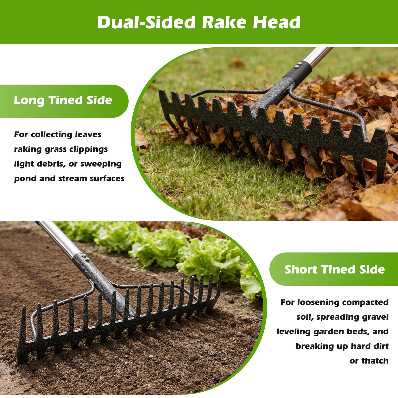 Lilyvane heavy-duty rake shown with dual-side design for versatile yard tasks.