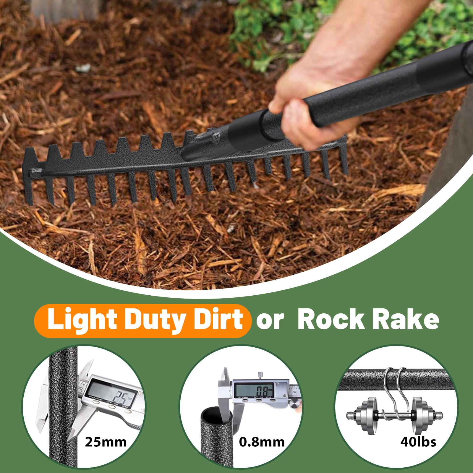 Lilyvane heavy-duty rake head with long curved teeth for tough yard tasks.