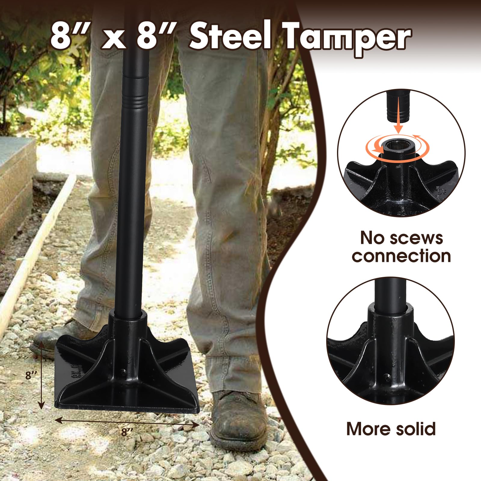 Lilyvane heavy duty tamper with 58-inch handle showing reach and ergonomic grip.